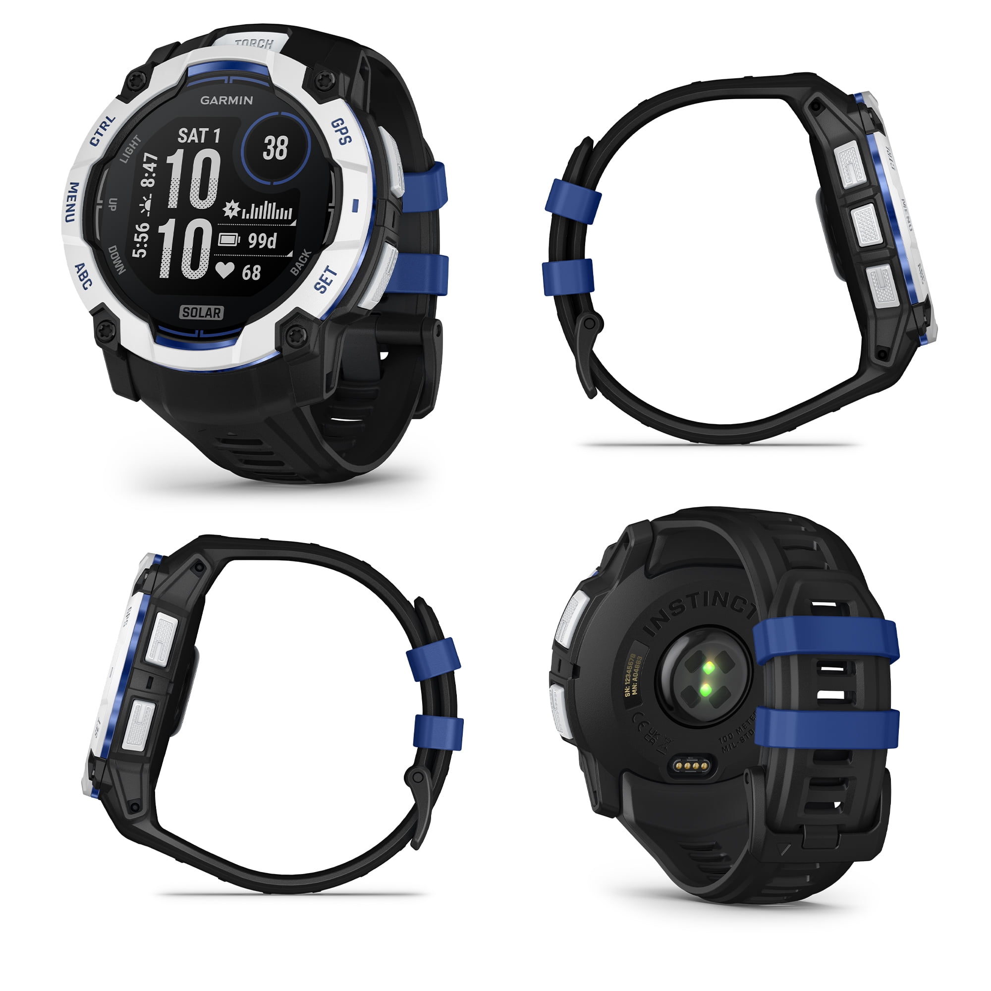 Garmin Instinct 3 Solar Rugged GPS Smartwatch, 50 mm Case, Unlimited Battery with Solar Charging, Multi-Band GPS, Built-In Flashlight, Whitestone with Black/Bolt Blue Band (Supernova Collection)