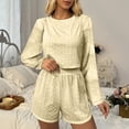 thumbnail image 5 of BaoFuBaoMei Pajamas for Women Set Plus Size 2 Piece Long Sleeve Sleepwear Crew Neck Top and Shorts Pjs Hollow out Cropped Lounge Set, 5 of 9