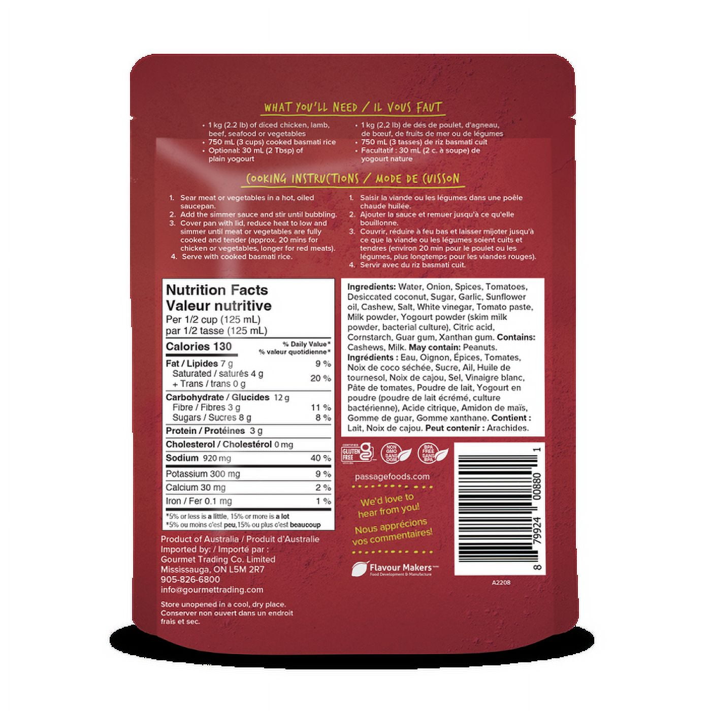 Passage Foods, Passage to India, Sauce Mijotée au Poulet, Noix de Coco et Cajou du Sri Lanka, 340 ml