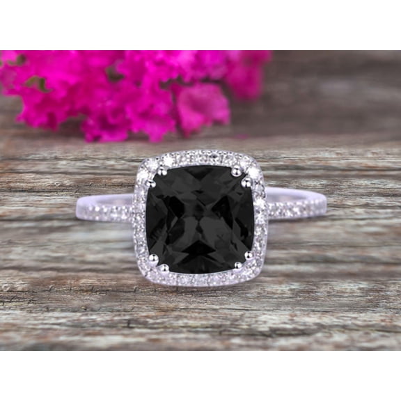2.05 Carat Cushion Cut Black Diamond Moissanite Engagement Ring on 10k White Gold