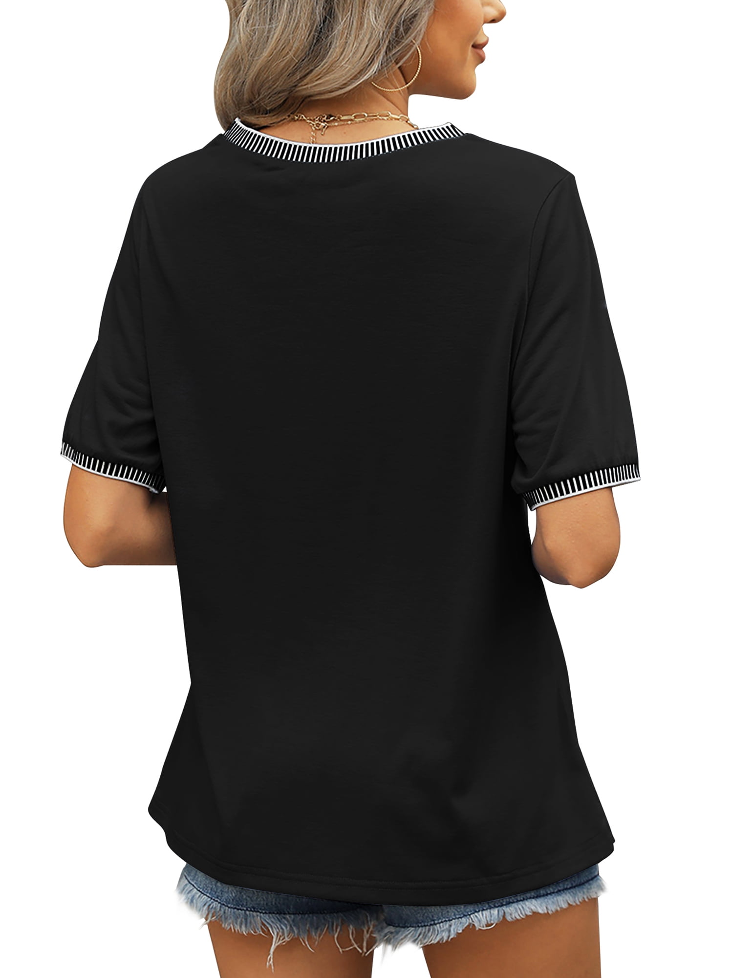 MOSHU Dressy Women Tops Crewneck Blouses for Women Striped Colorblock Short Sleeve Shirts Casual Summer Tops