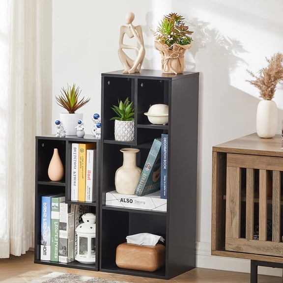 Black Cube Bookshelf Set, Modular Free-Standing Storage for Living Room, Bedroom, Office, 3/4-Tier, 2-Pack