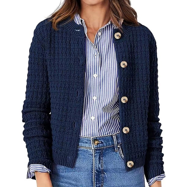 Suéter de cuello redondo para mujer, top de punto con cuello redondo, estilo retro informal, con botones, manga larga, cárdigan, chaqueta, blusa para mujer