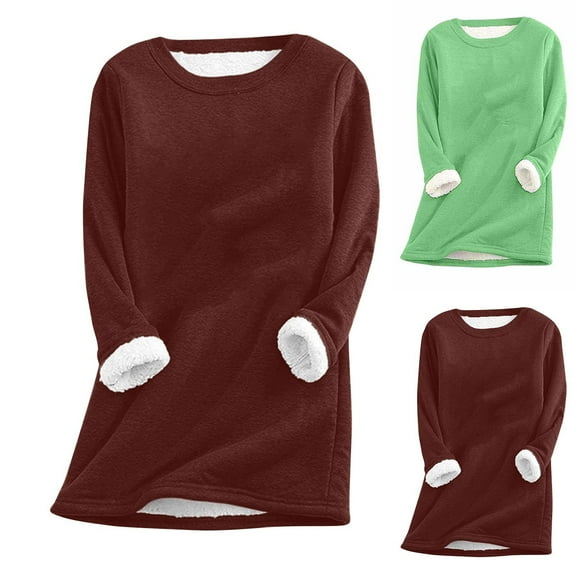 ATOYSOY Women's Warm Solid Color Pullover Long Sleeve Thicken Tees Fall Winter Retro Fashion Casual Fuzzy Shirts Crew Neck Sweatshirts Outwear Slim Basic Fleece Tops Green L