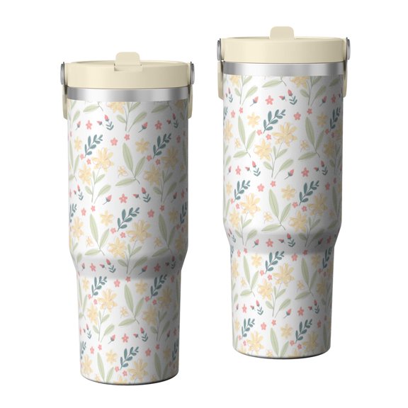 Floral 30oz Handheld Travel Tumbler with Handle – Double Wall Stainless Steel Insulated Cup, Flip Straw Lid, Leak-Proof & BPA-Free, Durable Hot & Cold Drink Mug,Thanksgiving, Xmas, Spring ,Flower