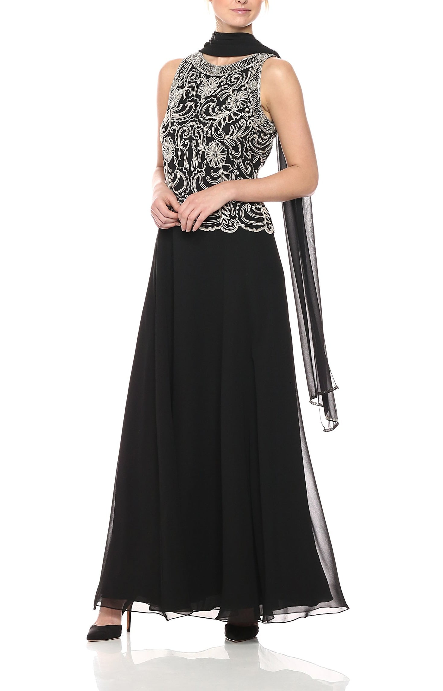 j kara beaded gown & chiffon scarf