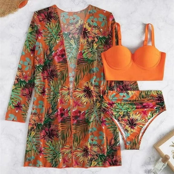 Aloohaidyvio swimsuit women plus size,Women Sexy Print Deep V Swimming Trunks Split Swimsuit Bikini Three Piece, Swimsuits for Women 2 Piece