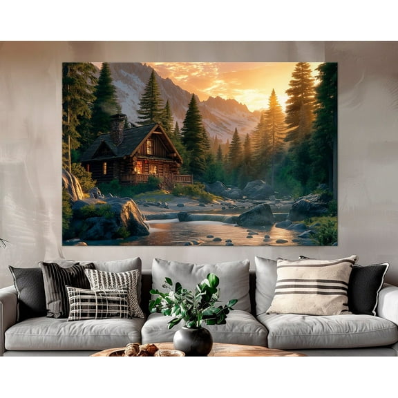 Luvia Hunting Lodge Canvas Print Forest Print Mountain River Cabin Cozy Rustic Wall Decor Woodland Landscape Canvas Art Nature Canvas, 8x10 UNFRAMED