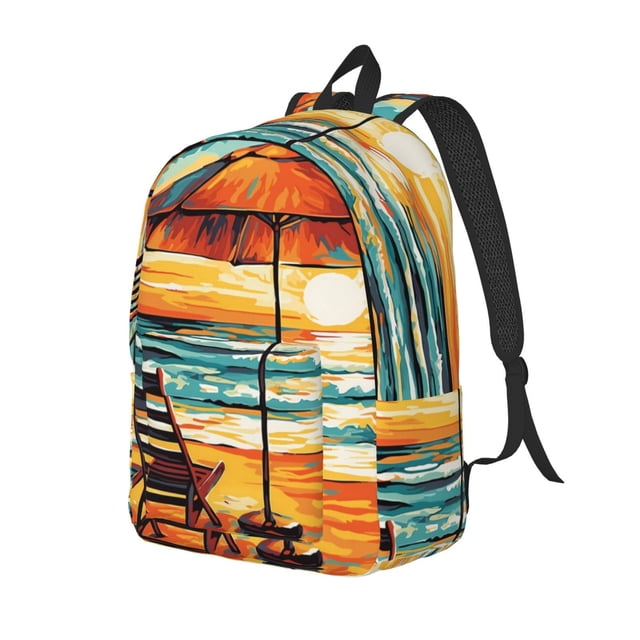 Balery Beach Umbrella Sunset Mochila Clásica Impresa Básica para Viaje, Mochila Escolar Resistente al Agua, Mochila de Lona con Correas Ajustables-Medium