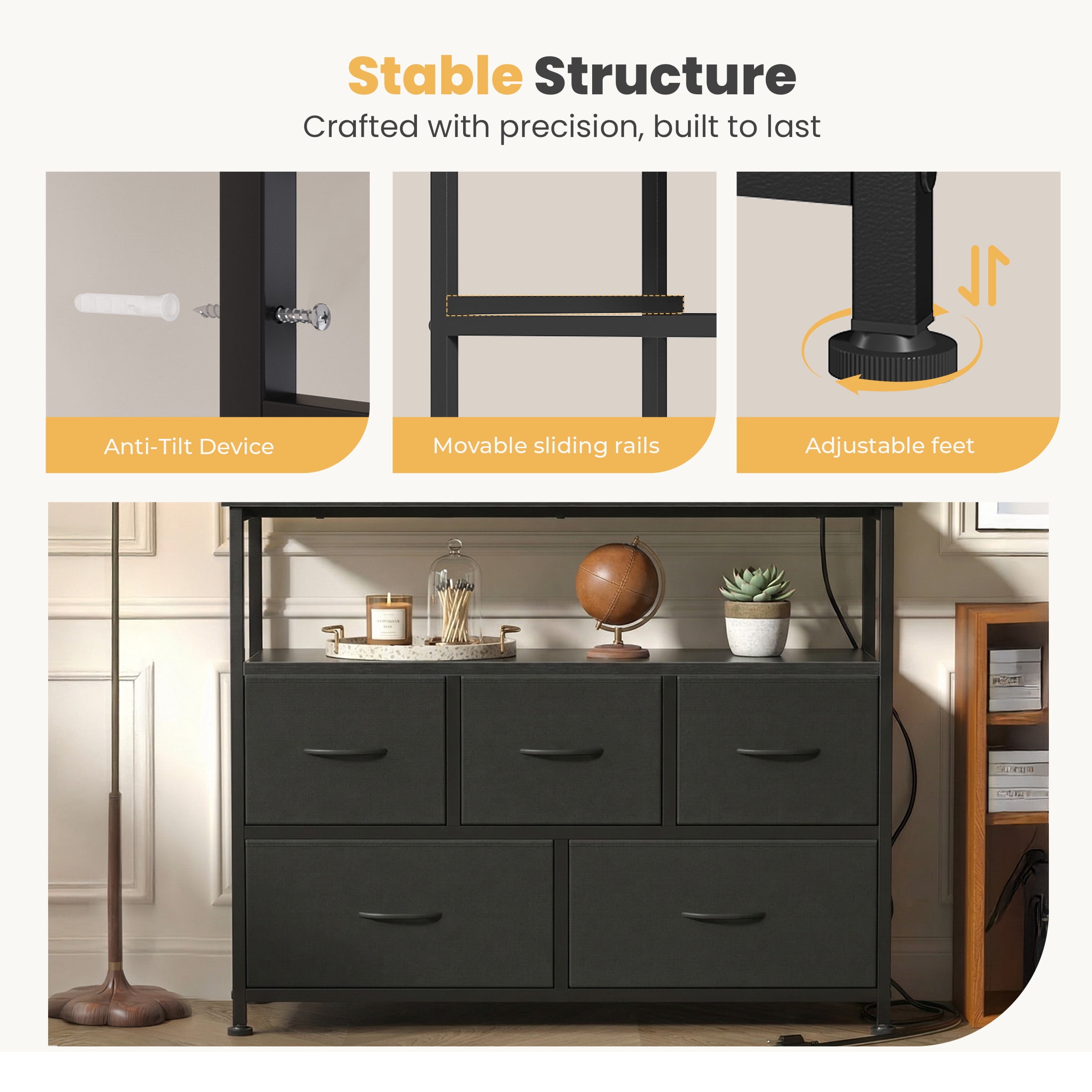 edx 5 Drawers TV Stand Dresser for 45" TV, Modern Media Console with Charging Station & 2 Shelves, Storage Organizer for Bedroom Living Room, Black