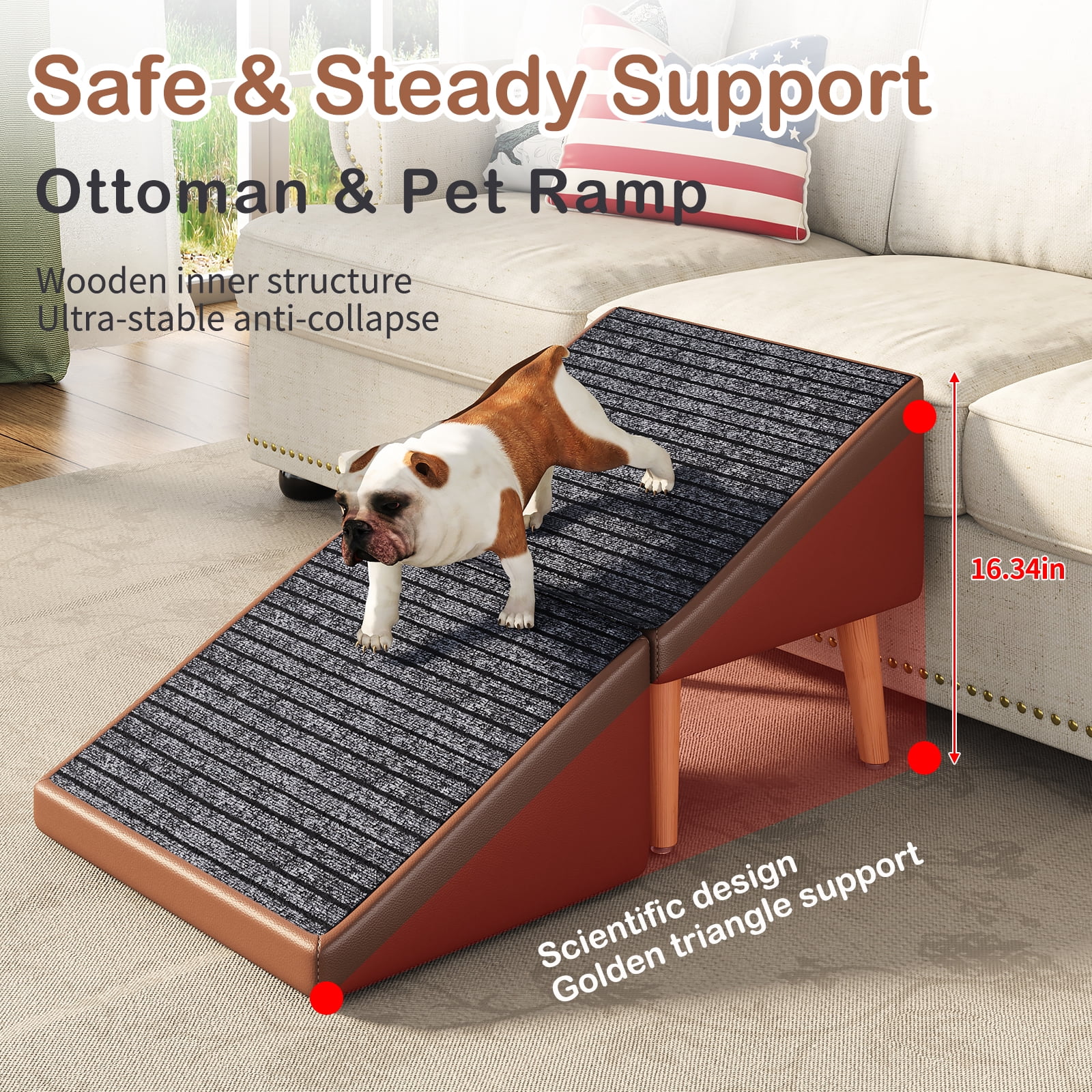 3-in-1 Dog Ramp 18.89"×17.91"×20.08" with Storage – Pet Stairs for Senior & Injured Dogs & Cats, Hidden Storage Footstool, Ottoman Anti-Slip, Supports 265 lbs for Beds & Sofas (BROWN Color)