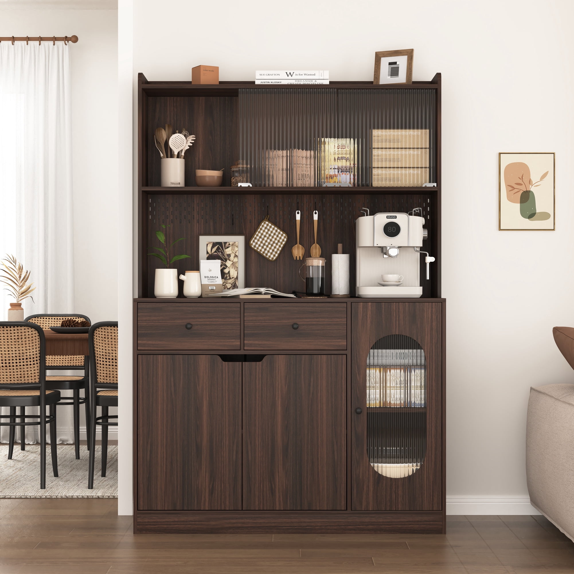 Noble House 71" Tall Kitchen Pantry Storage Cabinet with Microwave Stand, Reeded Glass Doors, Walnut