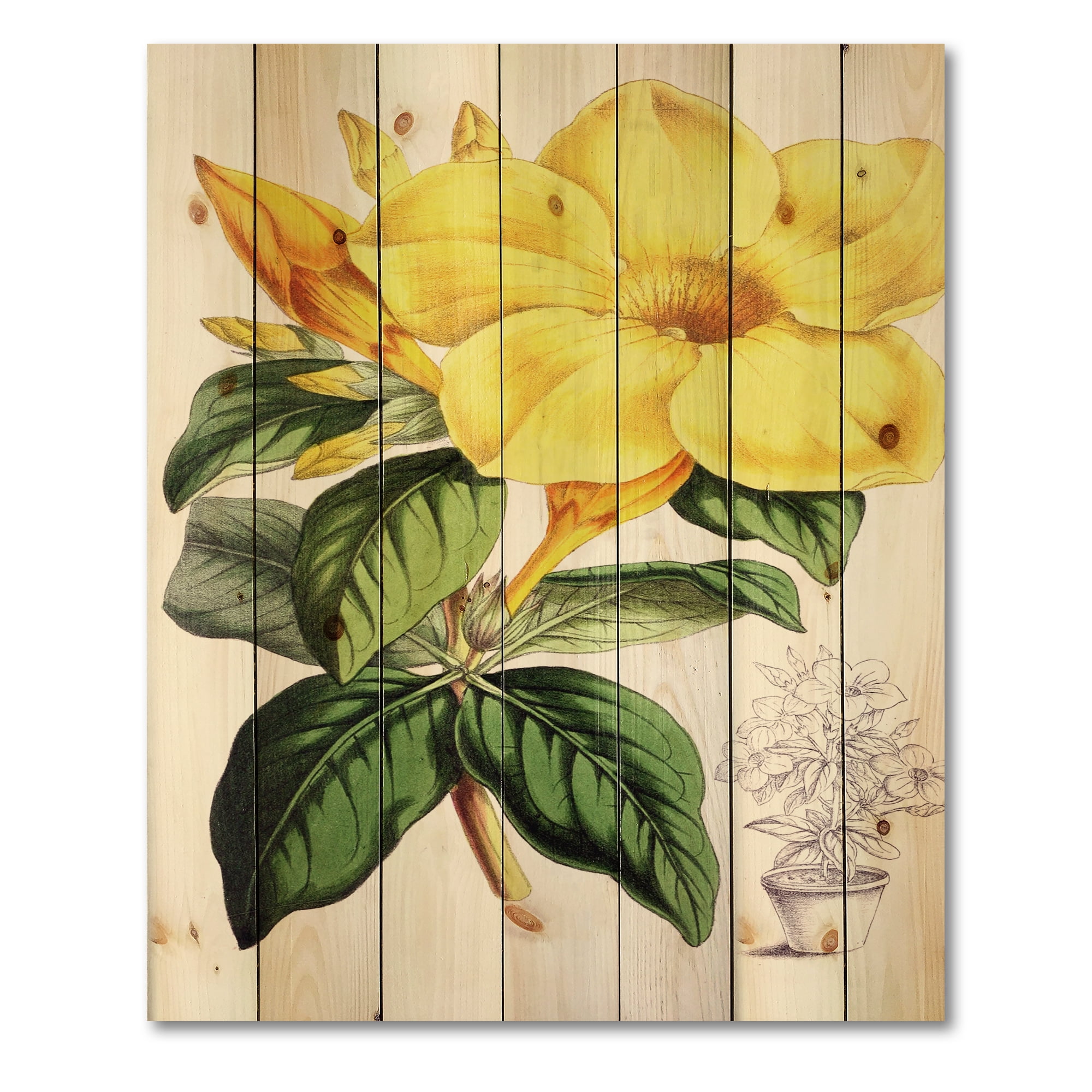 Designart 'Green Leaves With Tropical Yellow Flowers II' Traditional Print on Natural Pine Wood