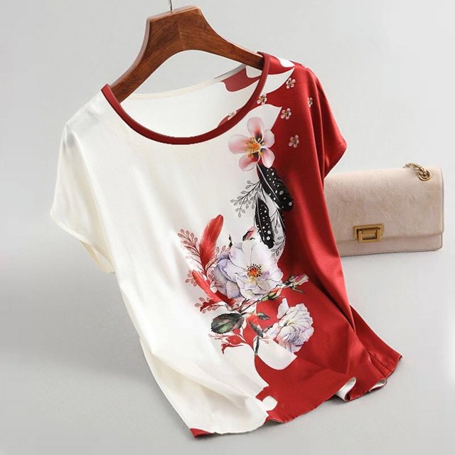Camiseta de seda de hielo para mujer, estilo occidental, de mediana edad y anciana, de talla grande, con estampado holgado y base adelgazante