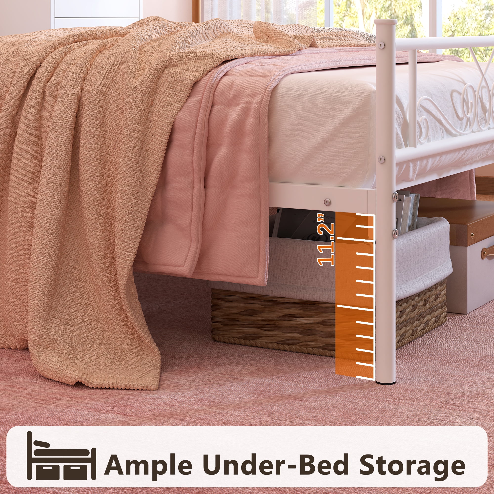 Garmic Twin Metal Bed Frame with Scroll Design Headboard and Footboard for Teens Boys Girls, White