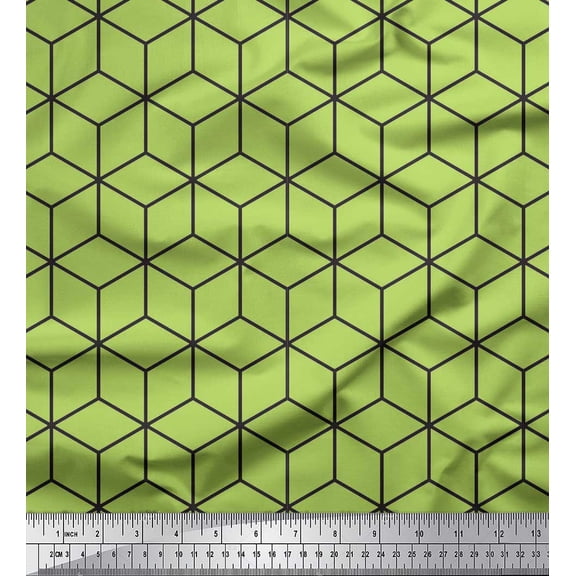 Soimoi Green Poly Georgette Fabric Maze Cube Geometric Decor Fabric Printed Yard 42 Inch Wide