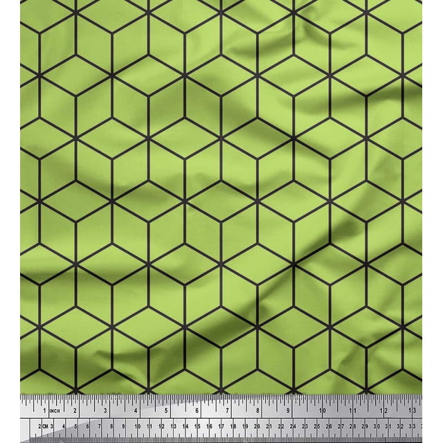 Soimoi Green polyester Crepe Fabric Maze Cube Geometric Decor Fabric Printed Yard 52 Inch Wide
