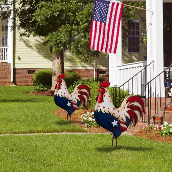 PURELY- Patriotic Metal Rooster Yard Decor Chicken Garden Statues With Stake Outdoor