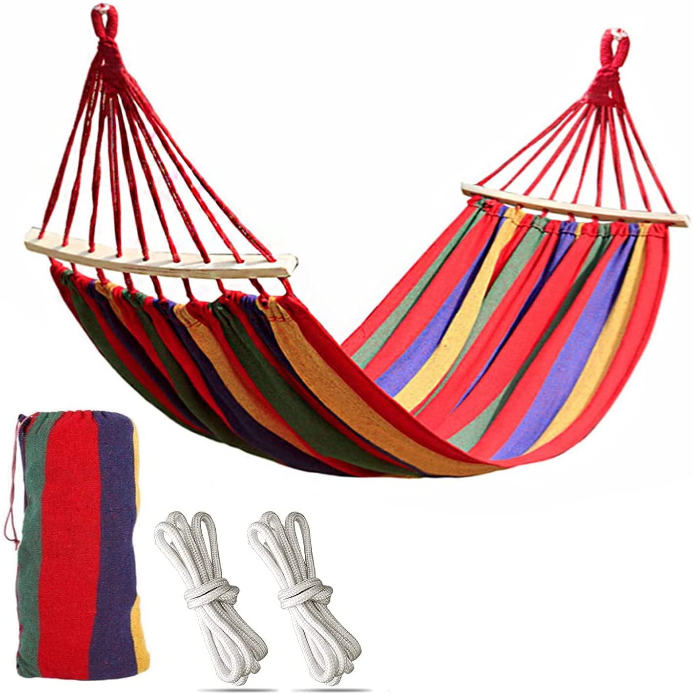 Camping Hammock with Wooden Spreader Bar, Beach Swing Bed Cotton Fabric Canvas Travel Hammocks