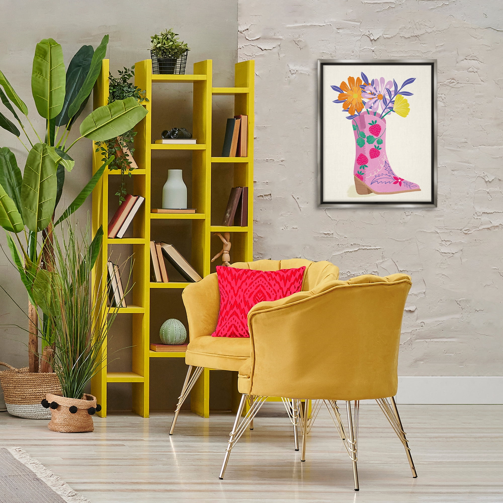 Stupell Industries Strawberry Patterned Floral Boots Plants & Flowers Painting Gray Floater Framed Canvas Art Print Wall Art, 17 x 21
