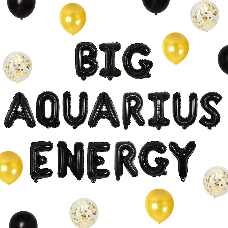 Aquarius Birthday Decorations Zodiac Party Decorations Black and Gold with Big Aquarius Energy Balloon Banner Confetti Balloons for Constellation