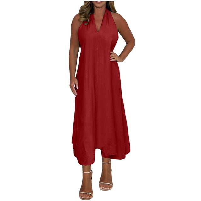 Swstbby Liquidation d'Économies d'Été! Robe d'Été pour Femme, Robe Élégante à Col en V Dos en T Sans Manches pour Femme Rouge TTTG