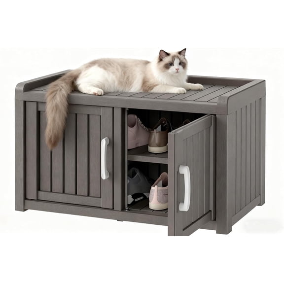 JessieMal Shoe Cabinet, Waterproof UV-Resistant Outdoor/Indoor Shoe Storage Cabinet with Adjustable Shelves, Shoe Organizer Bench with 2 Barn Doors for Foyer, Hallway, Living Room, Black