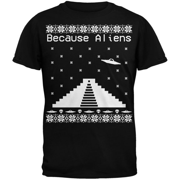 Because Aliens Pyramid Ugly Christmas Sweater Black Youth T-Shirt - Youth Large