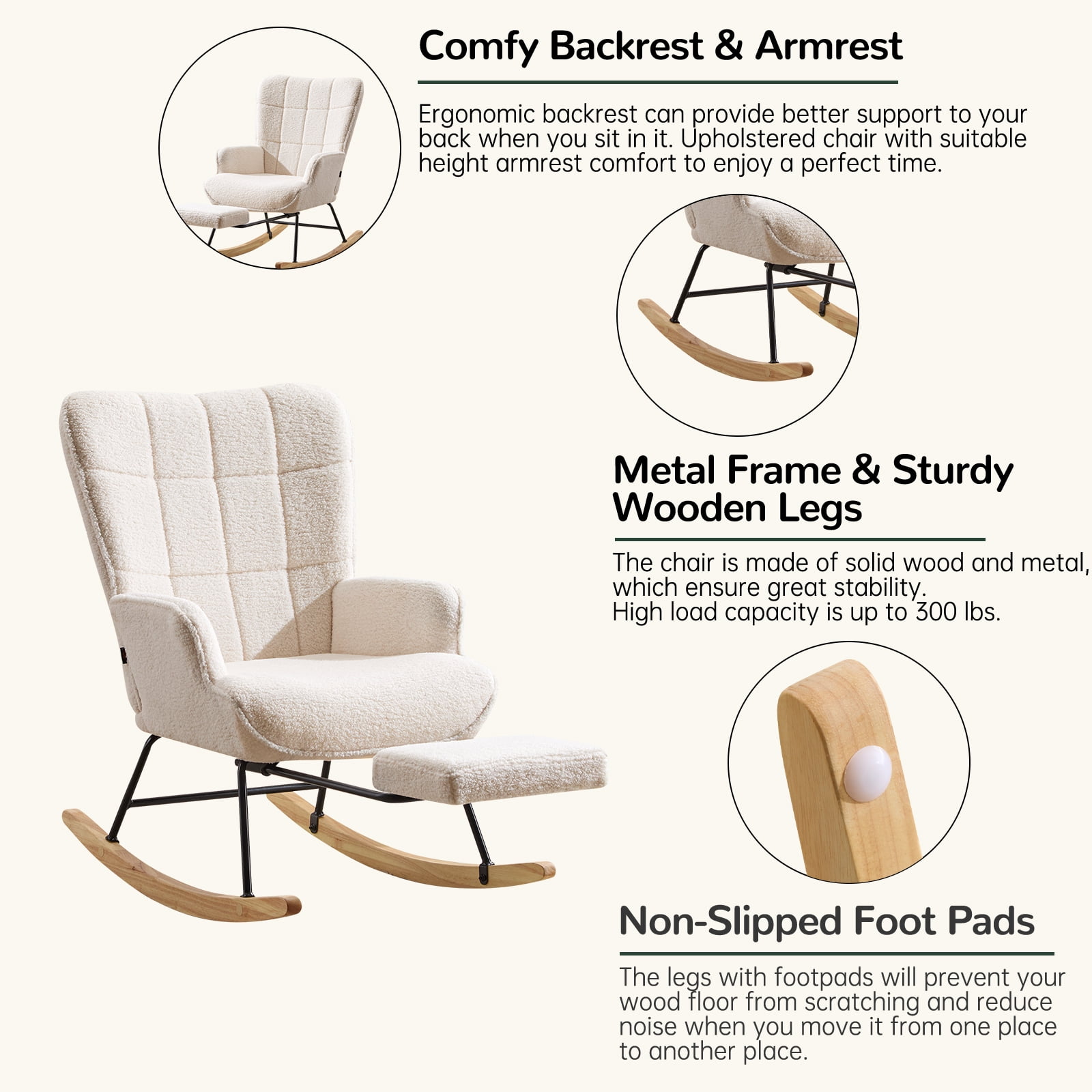 Furniliving Rocking Chair, Upholstered Nursery Rocking Chair with Footrest, High Backrest, Thick Cushion Glider Rocker Accent Chair, Comfy Armchair for Living Room, Bedroom, Nursery, White