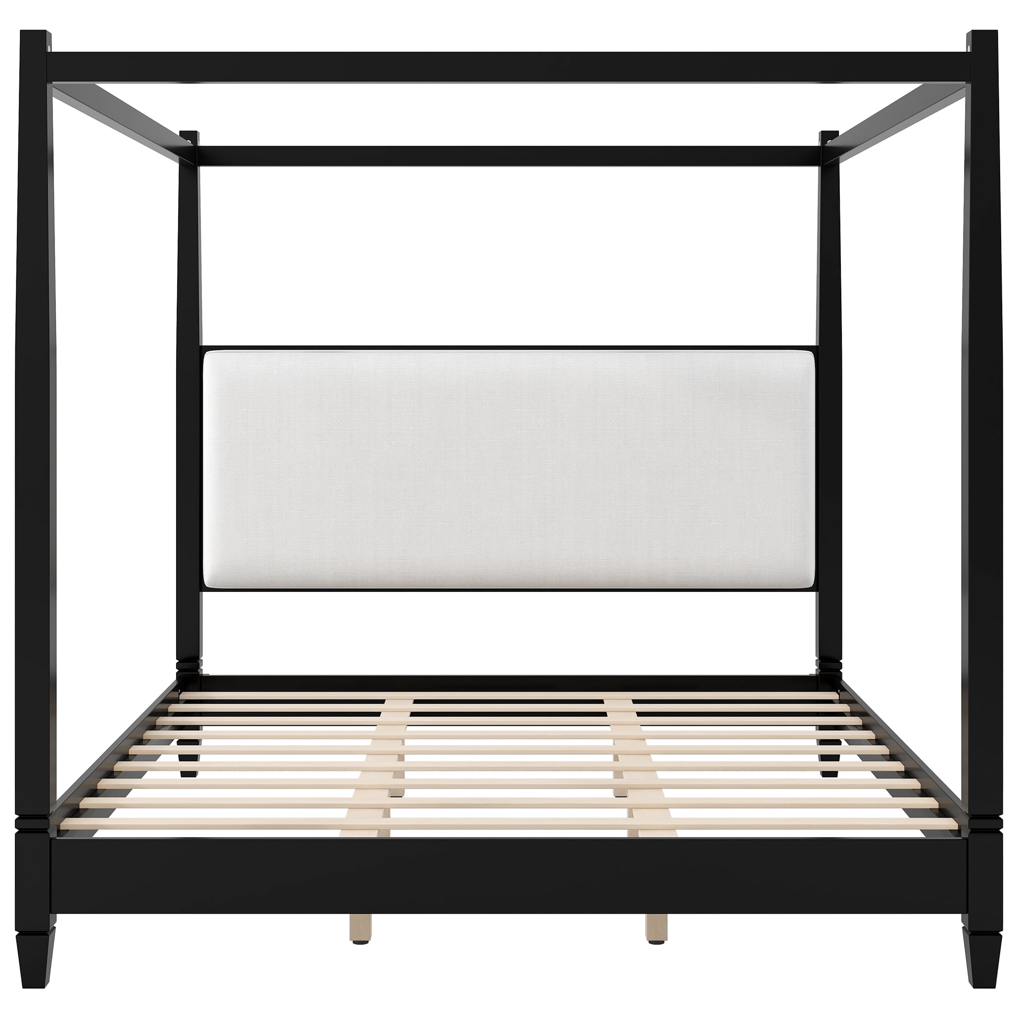 Euroco Wood King Size Canopy Platform Bed with Upholstery Headboard, Black