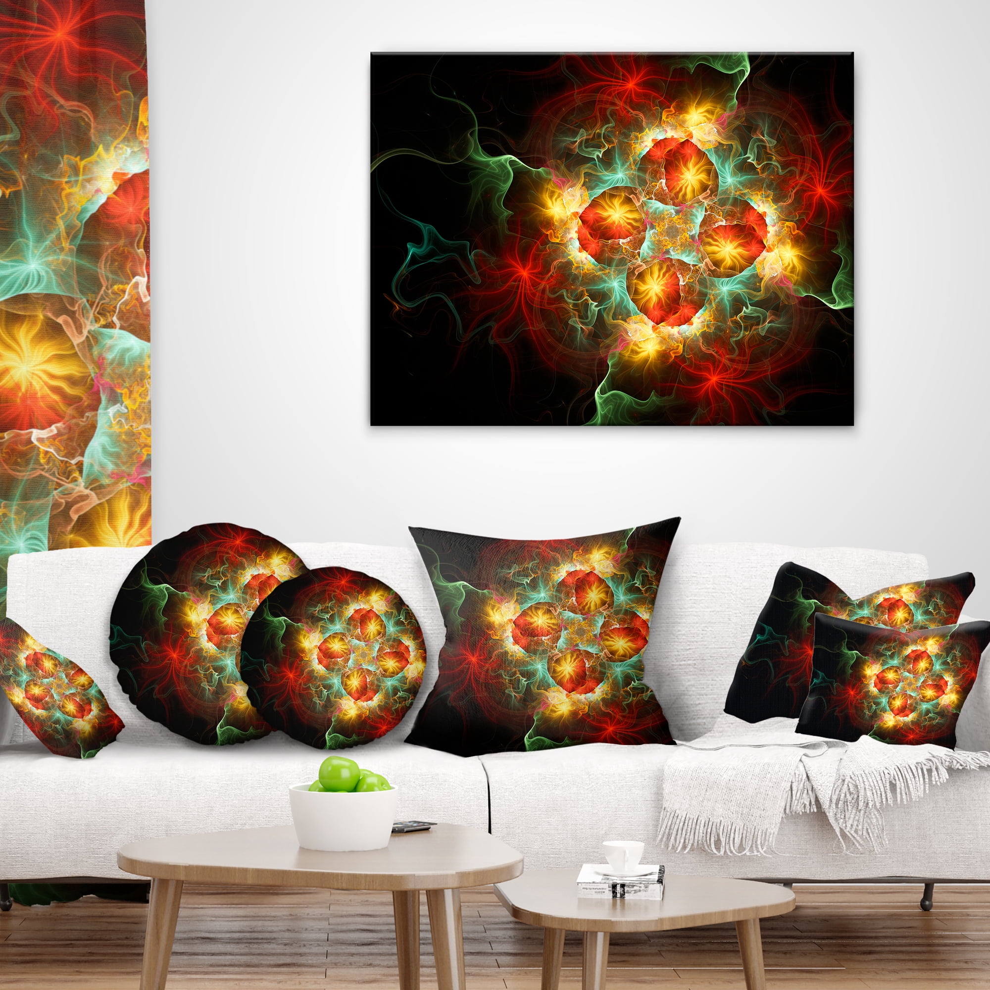 Designart Fractal Yellow N Red Flower - Floral Throw Pillow - 18x18