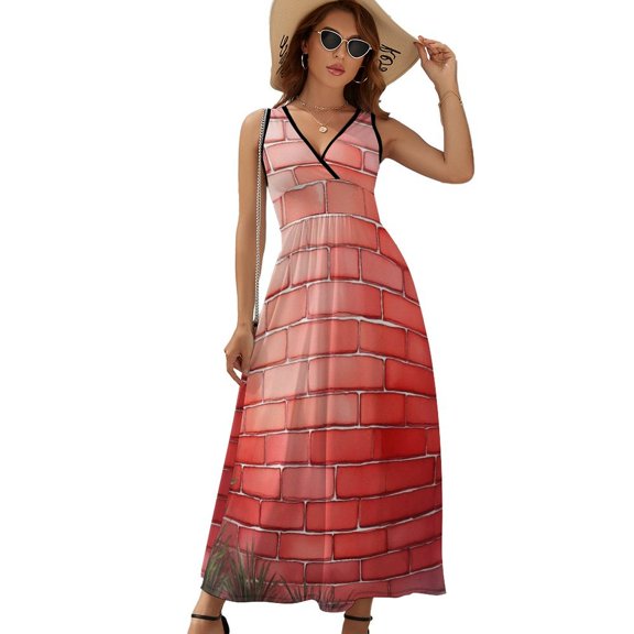 Red Brick Stone Wall Grass Sleeveless Dress Dresses Women Summer Evening Dresses Ladies Bohemia Long Dresses