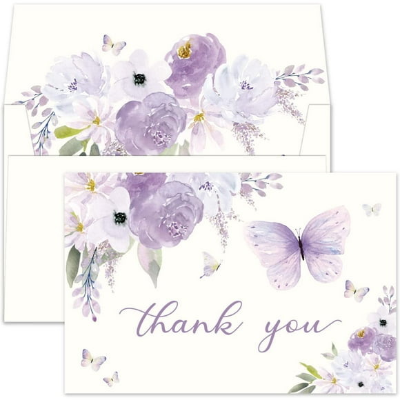 Gooji 4x6 Butterfly Purple Floral Thank You Cards with Envelopes (Bulk 20-Pack) Matching Peel-and-Seal White Envelopes | Assorted, Watercolor | Birthday Party, Baby Shower, Weddings, Greeting, Blank