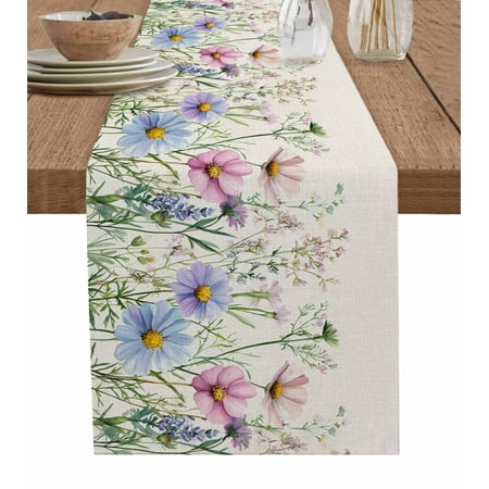 

Table Runner Dresser Scarves 72 Inch Long Farm Blooming Flower Herbs Plant Linen Dining Table Runners Watercolor Floral on Linen Tabletop Scarf for Wedding Holiday Party Kitchen