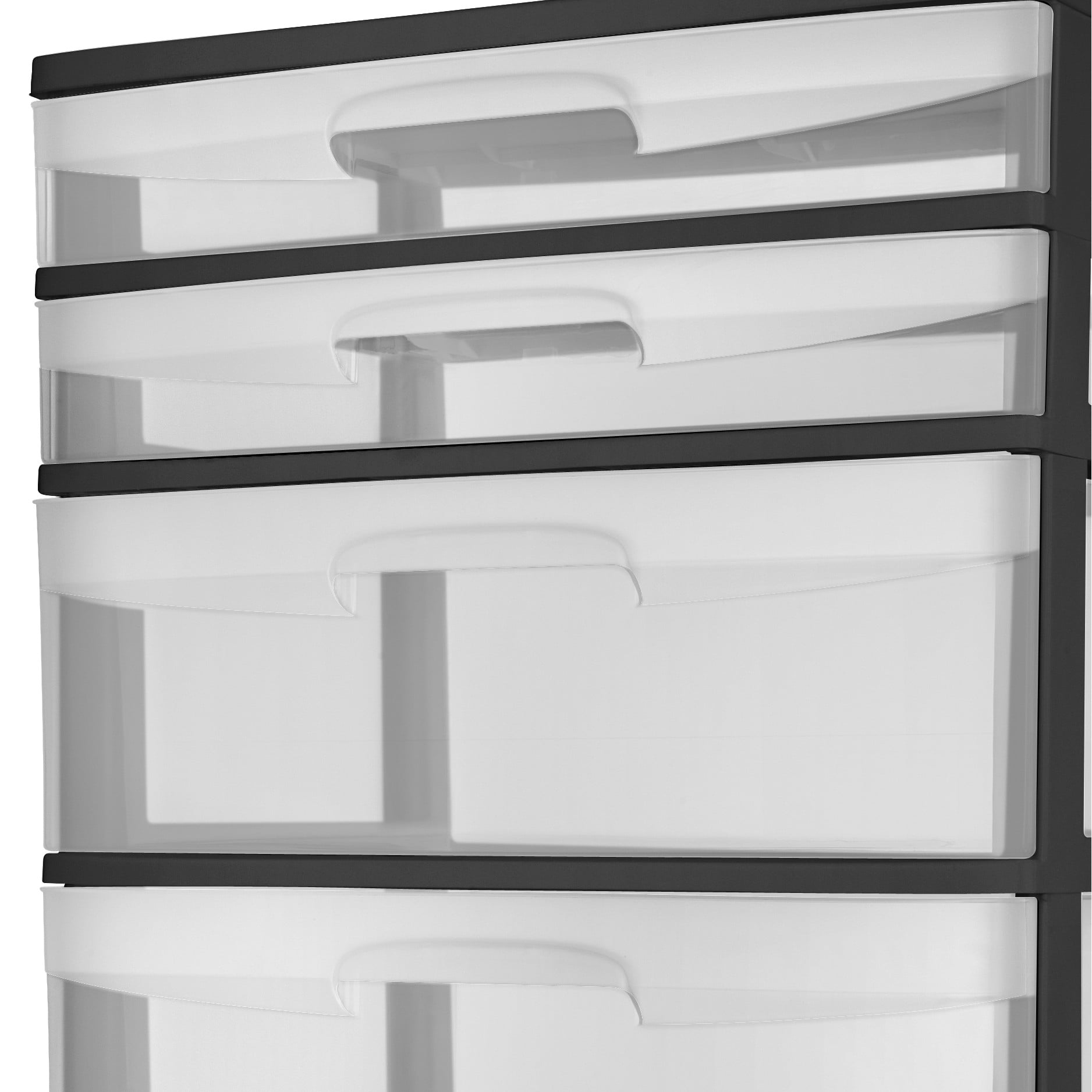 Sterilite 5 Drawer Wide Tower, with both Shallow and Deep Clear Plastic Drawers, Black