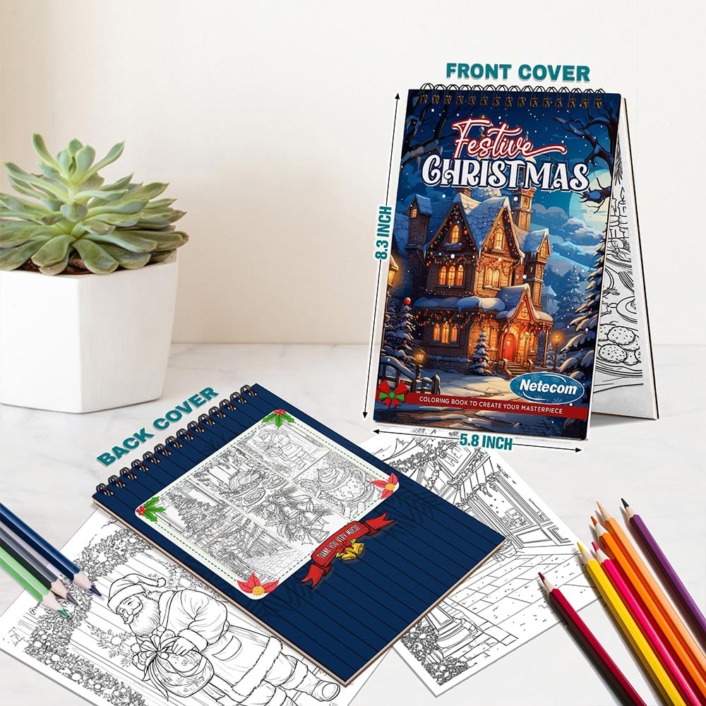 Netecom Festive Christmas Coloring Book Spiral Bound for Adults, A5 Wooden Cover, 30 Beautiful Coloring Pages of Xmas Day for Stress Relief and Relaxation