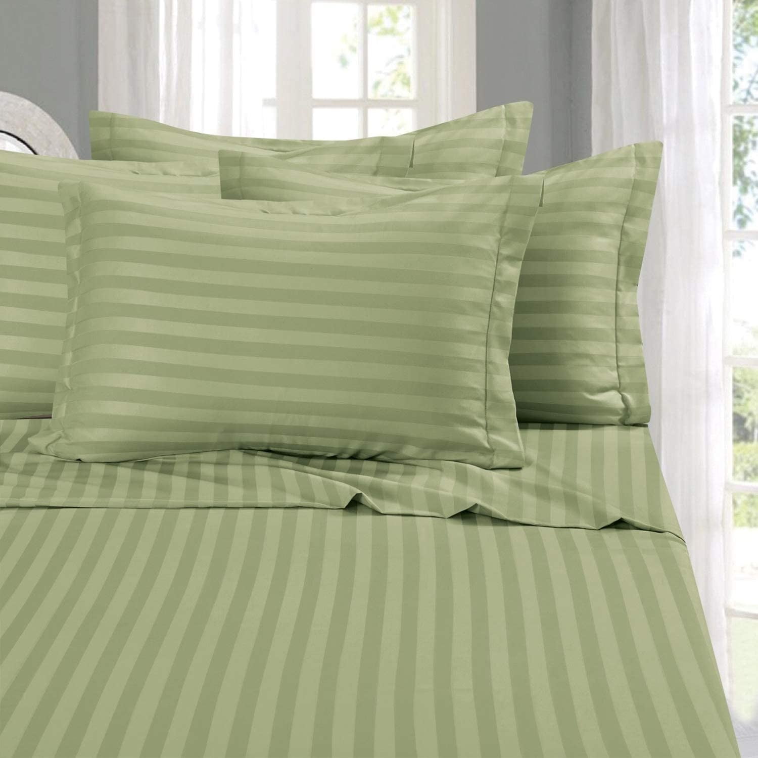 Queen Aspire Linens Cotton Damask Stripe 4 Piece Sheet Set Mint Green 