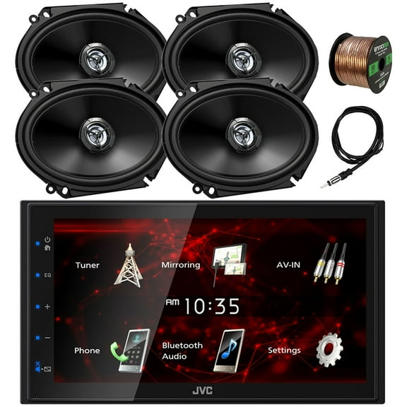 JVC Double DIN In-Dash 6.8" Touchscreen Bluetooth USB Digital Multimedia Car Radio Receiver, 4x 6x8" 300 Watt Max Power 2-Way Automotive Audio Speakers, 22" Antenna, 16 Gauge 50 ft Speaker Wire