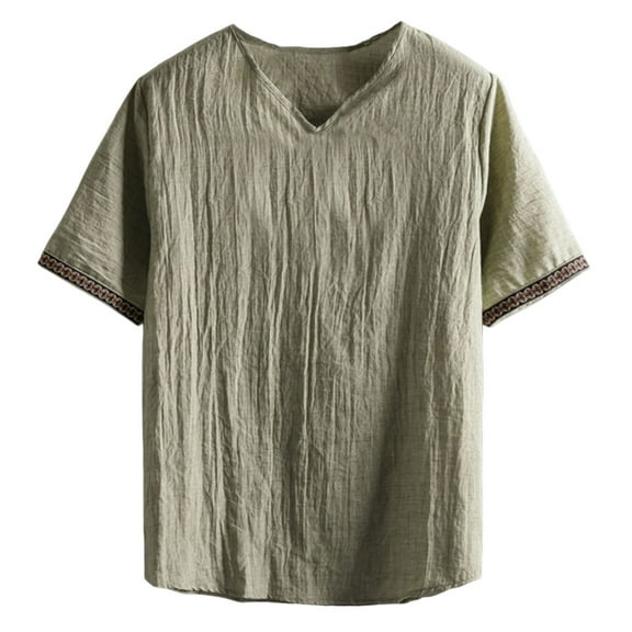 YLSDY Fashion Men's Henley Shirt Cotton Linen Hippie Shirts Short Sleeve Workout Top Loose Fit Solid Breathable Relaxed Fit Tee Army Green M