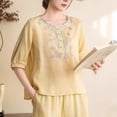 thumbnail image 5 of ClodeEU Women's Floral Embroidered Linen Blend Top,Casual Round Neck 3/4 Sleeve Blouse Yellow,Women's Plus XL, 5 of 6