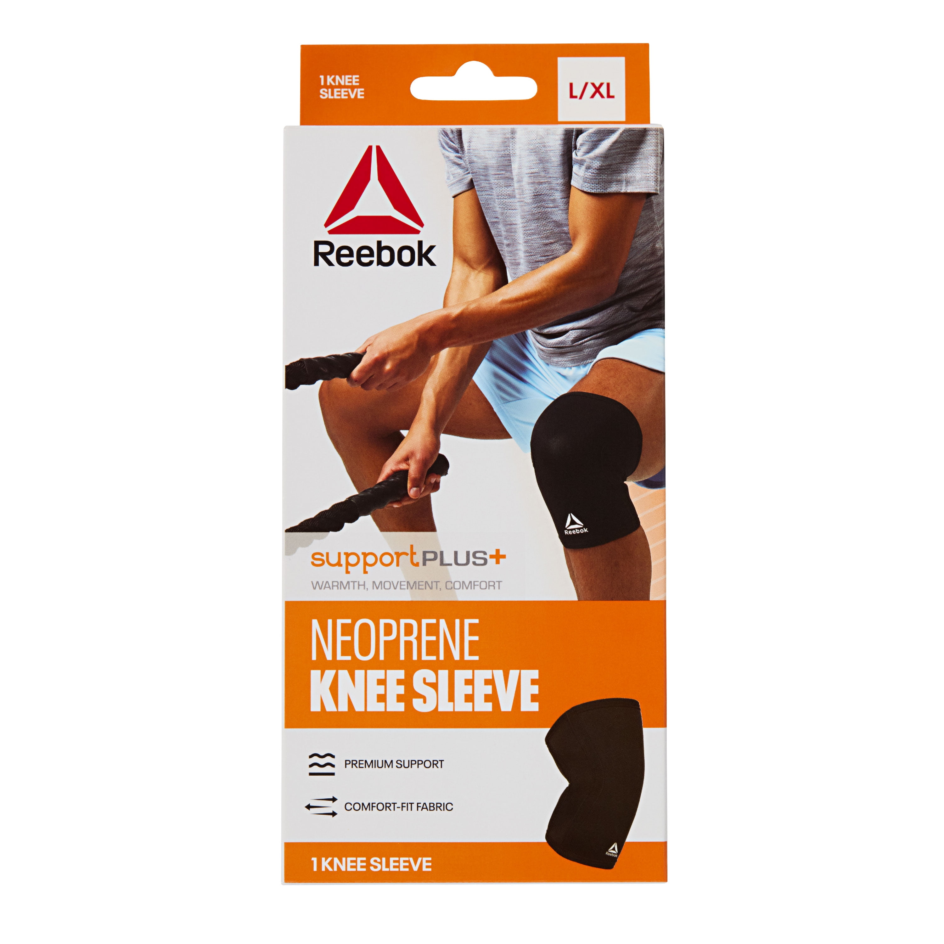 (2 pack) Reebok Delta Support Knee Sleeve, S/M - L/XL, Black, 5mm Neoprene Compression, Ergonomic Fit, Unisex