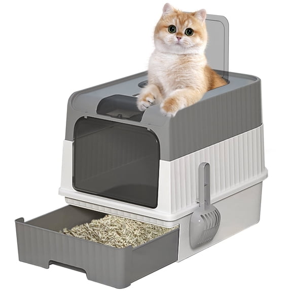ATUPEN Enclosed Cat Litter Box with Lid, Large Litter Scoop High Wall Sides Enclosure(Grey)