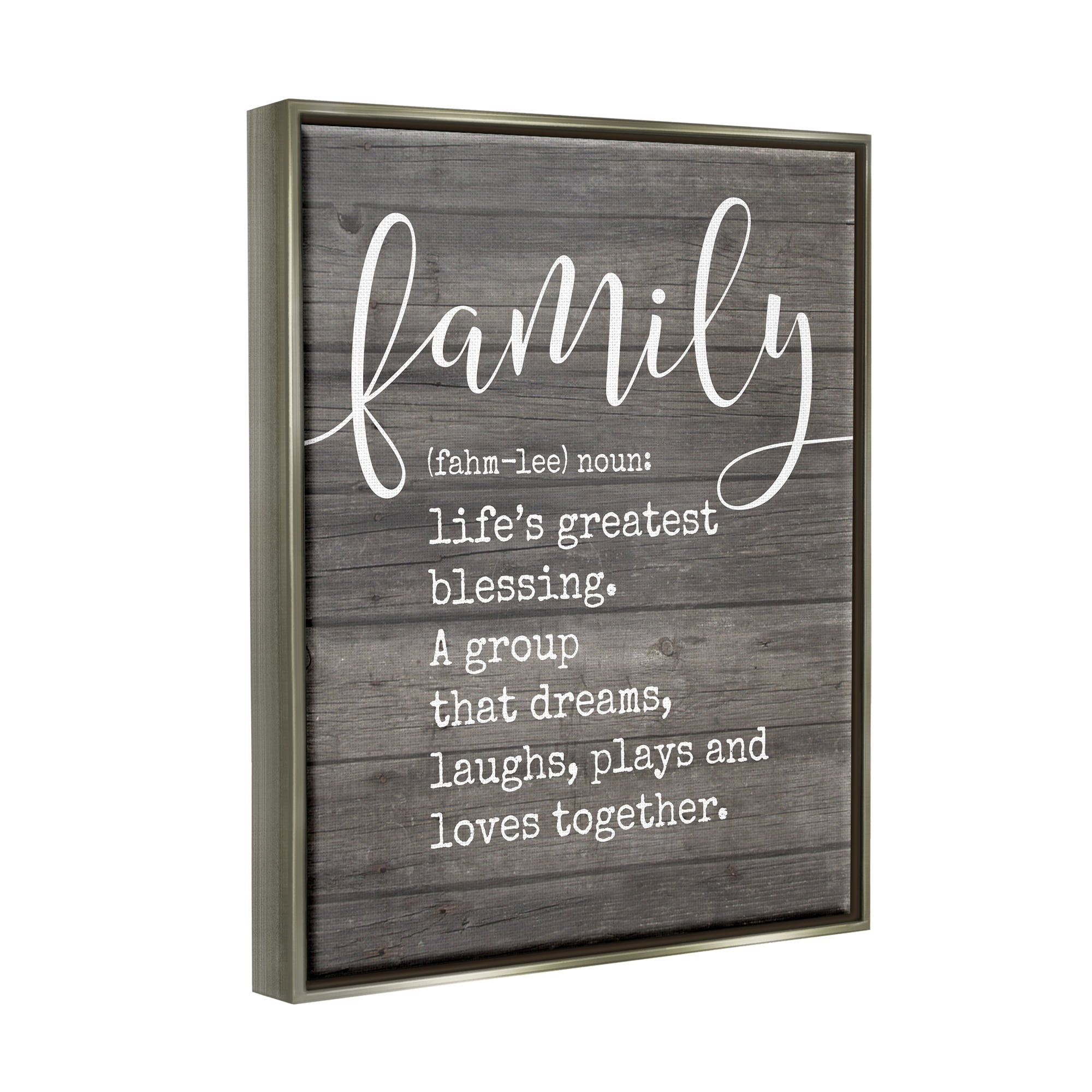 Stupell Industries Family Definition Planked Luster Gray Framed Floating Canvas Wall Art, 16x20, by Lettered and Lined