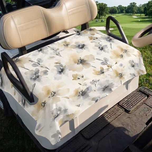 Beige Grey Spring Floral Golf Cart Seat Covers, Watercolor Summer Botanical Golf Cart Seat Towel Cover for 2/4 Seater Bench Seats, Breathable Washable Dust & Sun Protection Seats Blanket 51''x31''