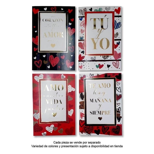 Tarjeta Exploworld Expresiones Varios Modelos 1 Pieza con diseños surtidos de corazones en colores rojo, negro, blanco y rosa, textos dorados con frases de amor y felicitación, ideales para regalo en fiestas y ocasiones especiales, con espacio para mensajes personalizados y sobres incluidos.