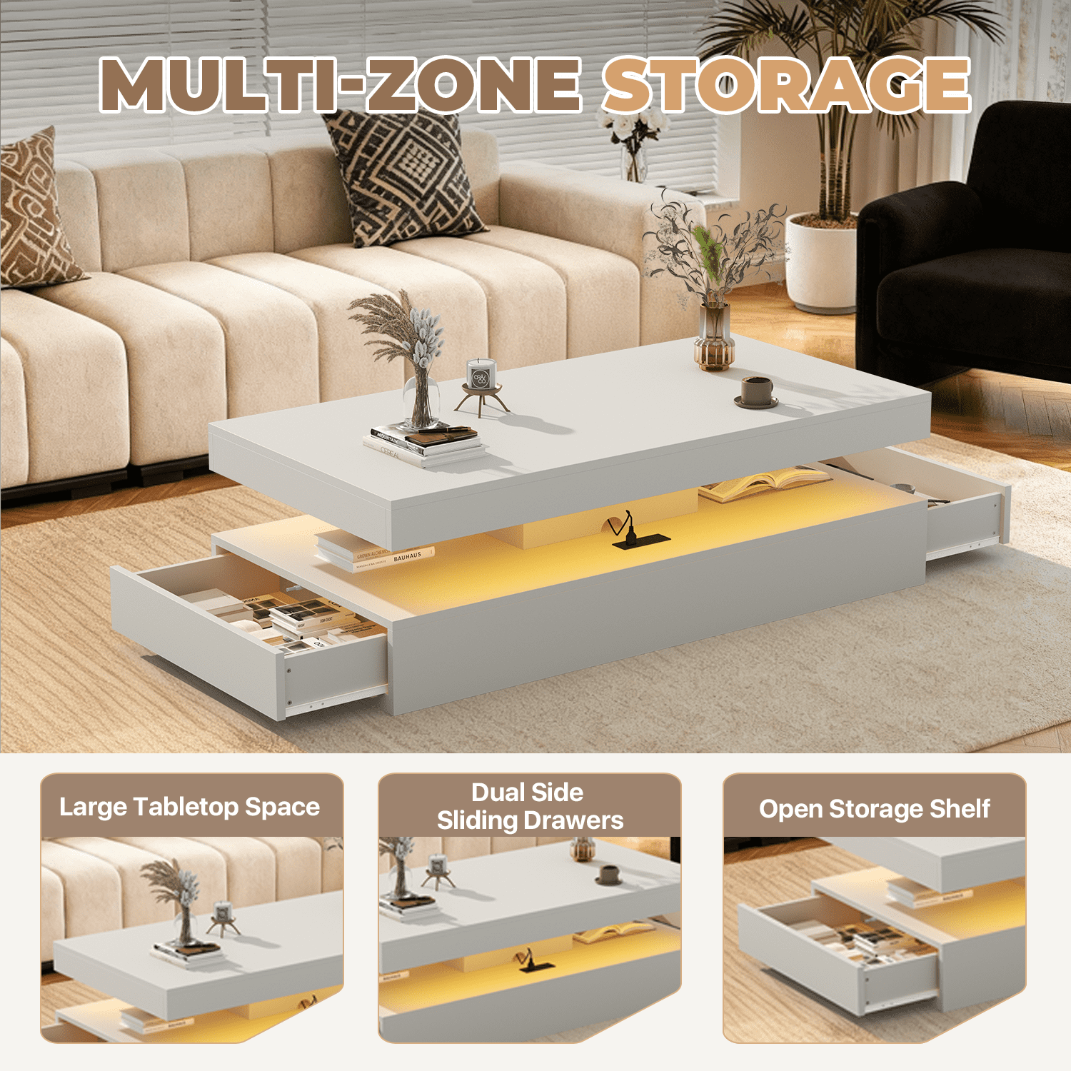 BaPiPro 47 Inch Modern LED Coffee Table with 2 Drawers, USB Charging & Smart Control, Large Center Table for Living Room, White