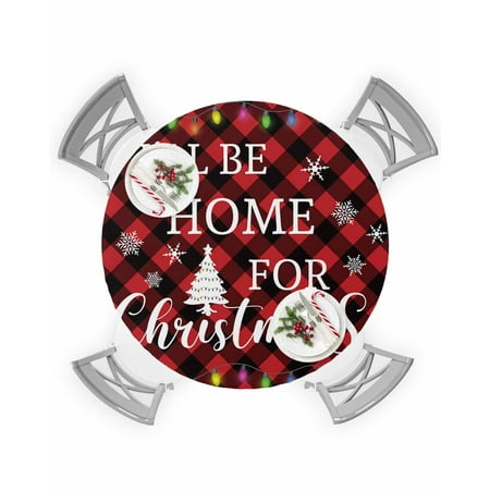 

Round Tablecloth with Elastic Merry Christmas Tree Colorful Lights Red Black Plaid Waterproof Table Cover Wipeable Fitted Table Cloths for 36 -44 Round Tables Dining Kitchen Indoor Outdoor Use