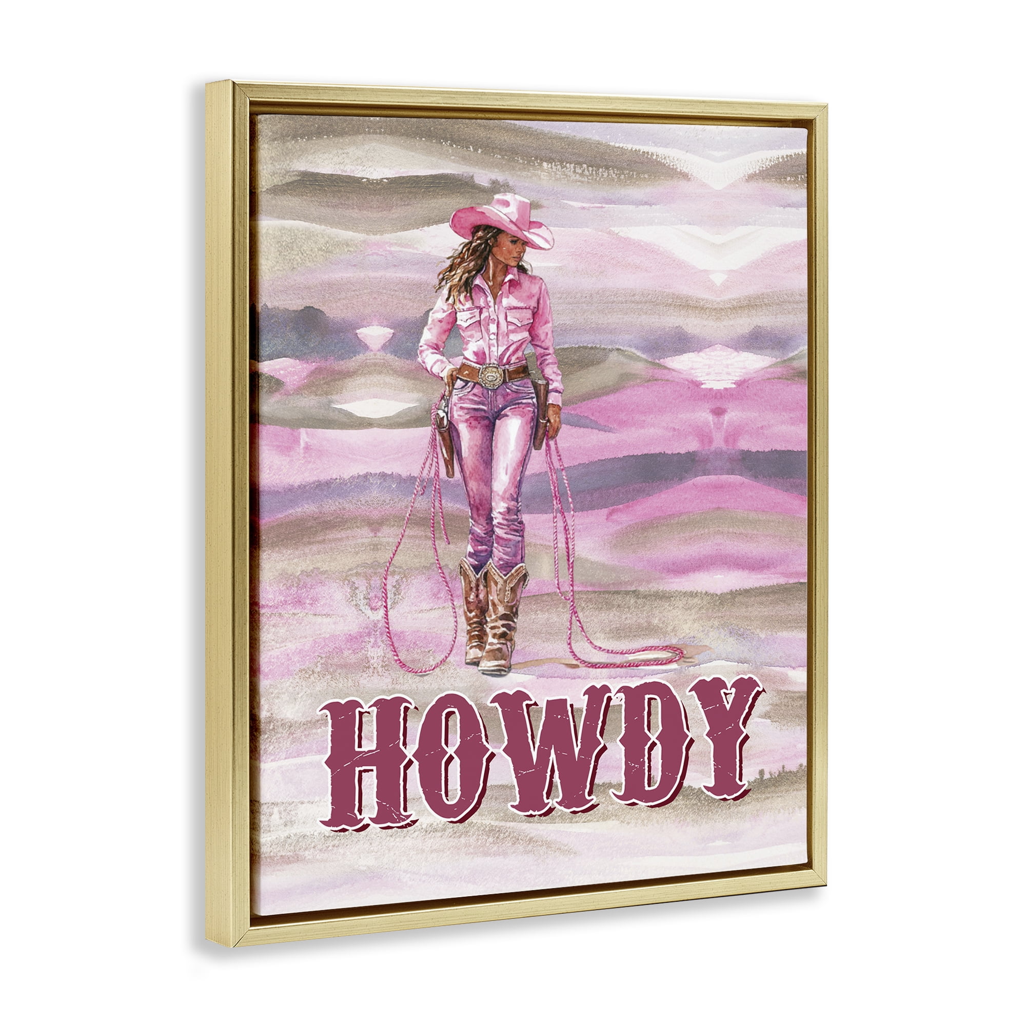 Stupell Industries Pastel Howdy Cowgirl People Painting Gold Floater Framed Canvas Art Print Wall Art, 17 x 21
