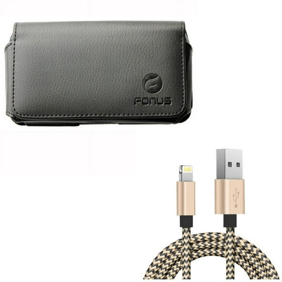 USB Cable w Case Belt Clip for iPhone 8/7/6S/6 - 6ft Charger Cord Power Wire, Leather Swivel Holster Loops Cover for iPhone 8/7/6S/6 Models