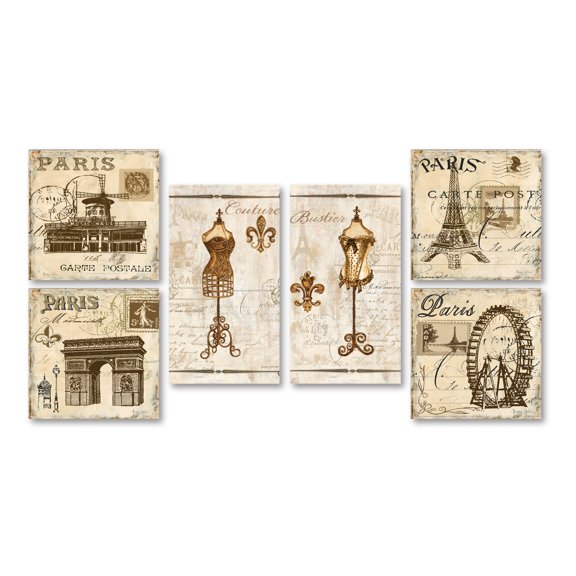 Gango Home Decor Vintage Paris Eiffel Tower Wall Art Set; Six Beige 12x12, 10x18in Posters